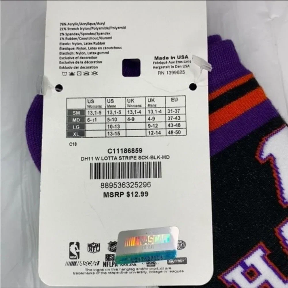 For Bare Feet Purple Orange Danny Hamlin #11 Nascar Stripe Socks M Made in USA